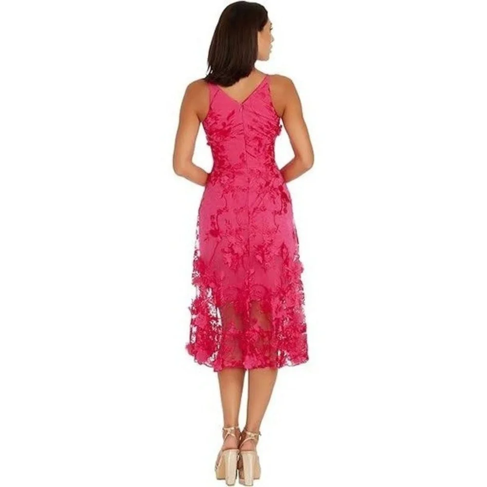 Dress The Population Audrey 3D Floral V-Neck Sleeveless Fuchsia‎ Pink Midi Dress